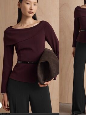 NWOT The Fold Plum Clever Crepe Palmerston Asymmetrical Ruffle-Neck Blouse 
 14